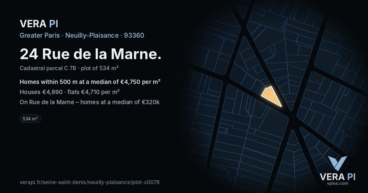 24 Rue de la Marne, Neuilly-Plaisance at night – the plot lit, the parcels around coloured by the prices near them