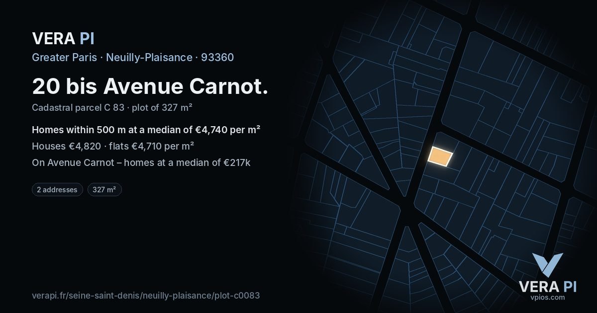 20 bis Avenue Carnot, Neuilly-Plaisance at night – the plot lit, the parcels around coloured by the prices near them