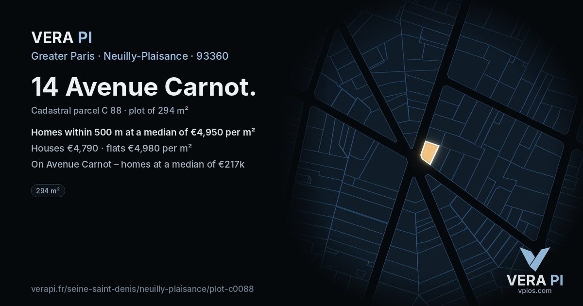 14 Avenue Carnot, Neuilly-Plaisance at night – the plot lit, the parcels around coloured by the prices near them