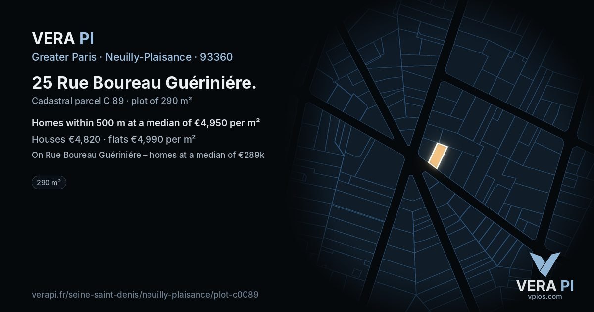 25 Rue Boureau Guériniére, Neuilly-Plaisance at night – the plot lit, the parcels around coloured by the prices near them