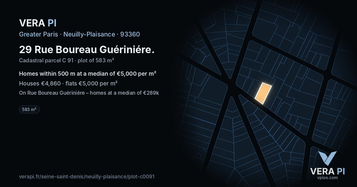 29 Rue Boureau Guériniére, Neuilly-Plaisance at night – the plot lit, the parcels around coloured by the prices near them