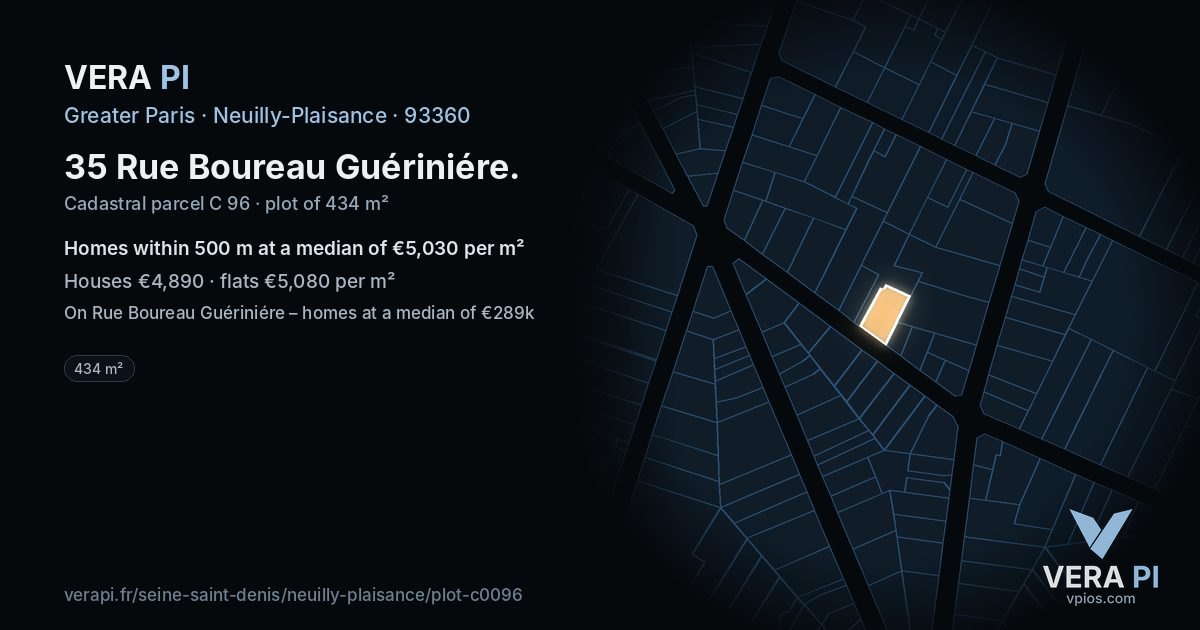 35 Rue Boureau Guériniére, Neuilly-Plaisance at night – the plot lit, the parcels around coloured by the prices near them