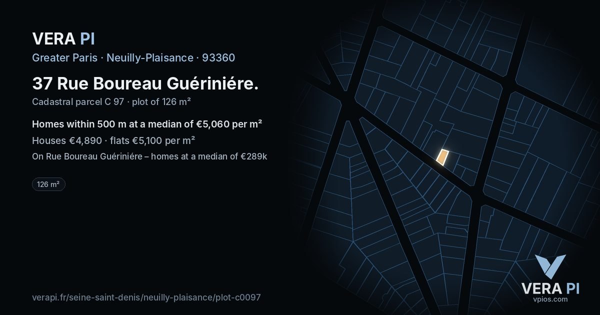 37 Rue Boureau Guériniére, Neuilly-Plaisance at night – the plot lit, the parcels around coloured by the prices near them