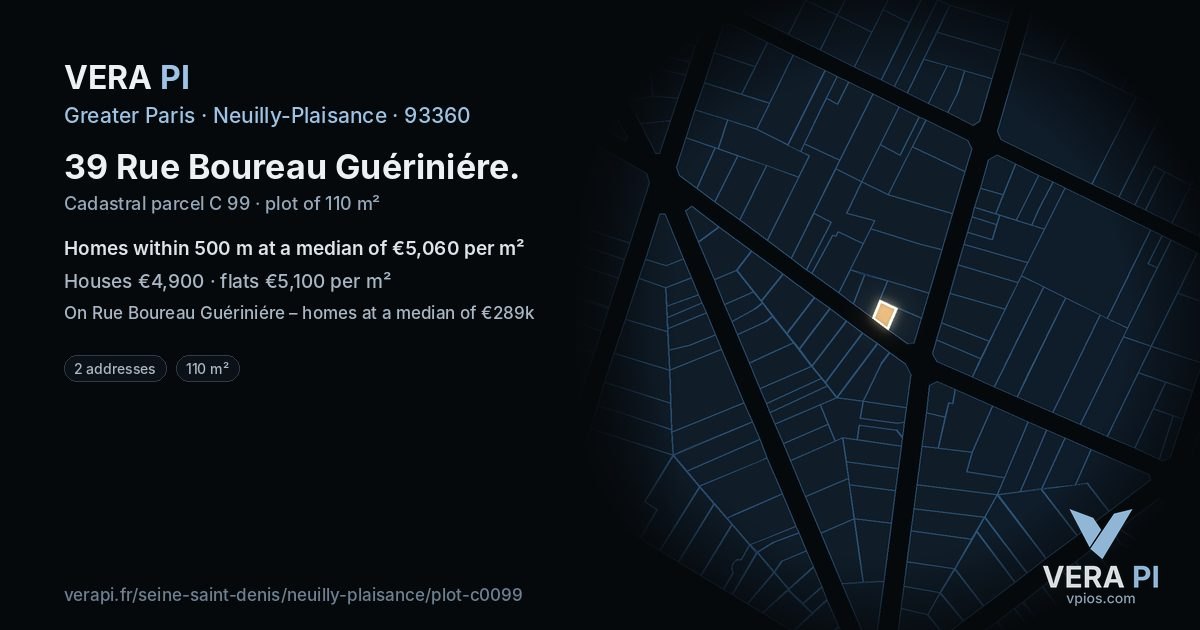 39 Rue Boureau Guériniére, Neuilly-Plaisance at night – the plot lit, the parcels around coloured by the prices near them