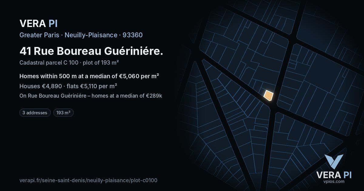 41 Rue Boureau Guériniére, Neuilly-Plaisance at night – the plot lit, the parcels around coloured by the prices near them
