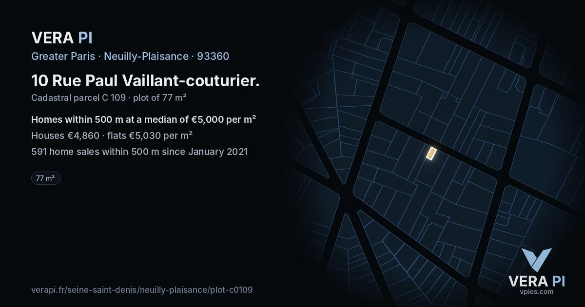 10 Rue Paul Vaillant-couturier, Neuilly-Plaisance at night – the plot lit, the parcels around coloured by the prices near them