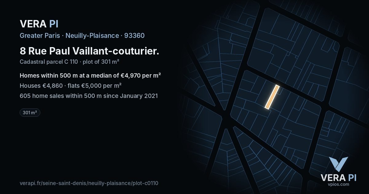 8 Rue Paul Vaillant-couturier, Neuilly-Plaisance at night – the plot lit, the parcels around coloured by the prices near them