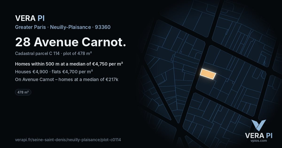 28 Avenue Carnot, Neuilly-Plaisance at night – the plot lit, the parcels around coloured by the prices near them