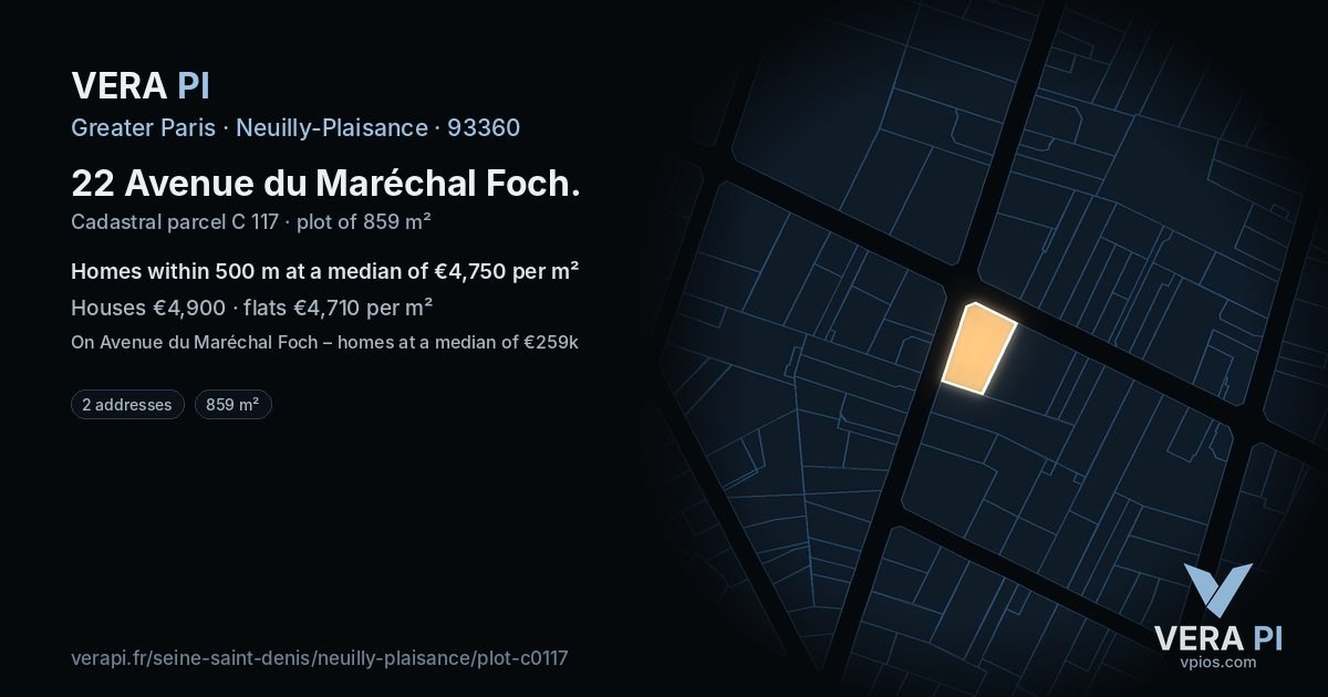 22 Avenue du Maréchal Foch, Neuilly-Plaisance at night – the plot lit, the parcels around coloured by the prices near them