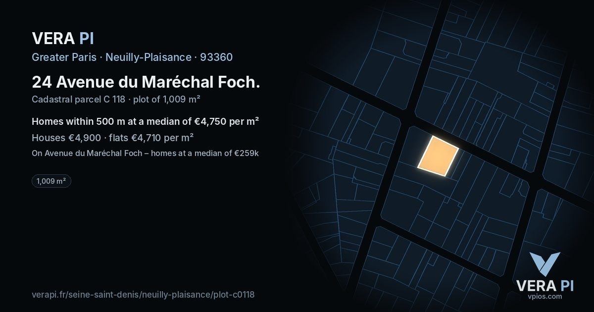 24 Avenue du Maréchal Foch, Neuilly-Plaisance at night – the plot lit, the parcels around coloured by the prices near them