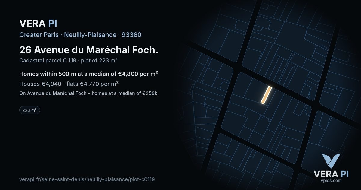 26 Avenue du Maréchal Foch, Neuilly-Plaisance at night – the plot lit, the parcels around coloured by the prices near them