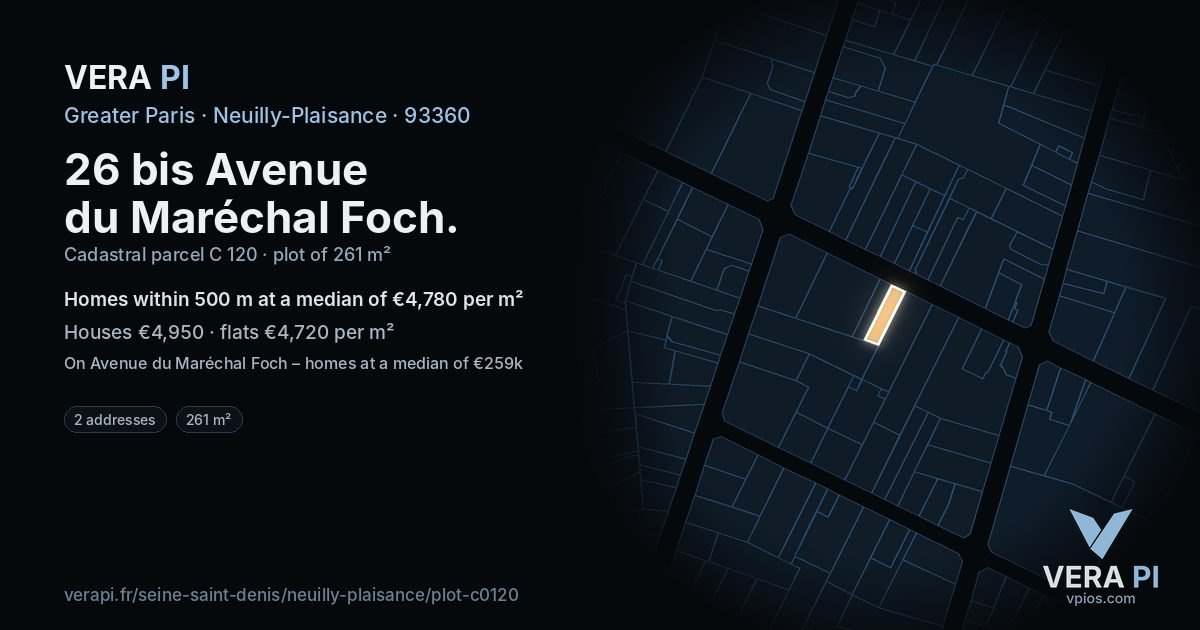 26 bis Avenue du Maréchal Foch, Neuilly-Plaisance at night – the plot lit, the parcels around coloured by the prices near them