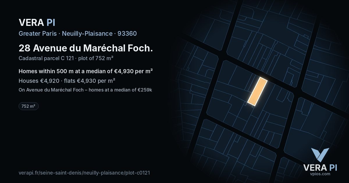 28 Avenue du Maréchal Foch, Neuilly-Plaisance at night – the plot lit, the parcels around coloured by the prices near them