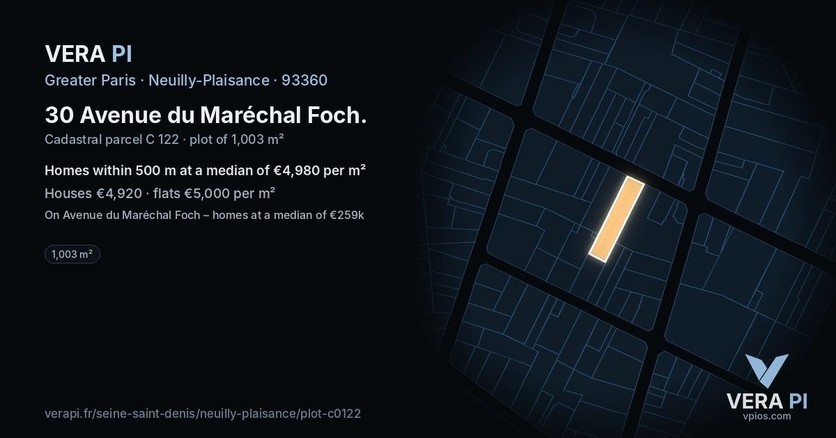 30 Avenue du Maréchal Foch, Neuilly-Plaisance at night – the plot lit, the parcels around coloured by the prices near them