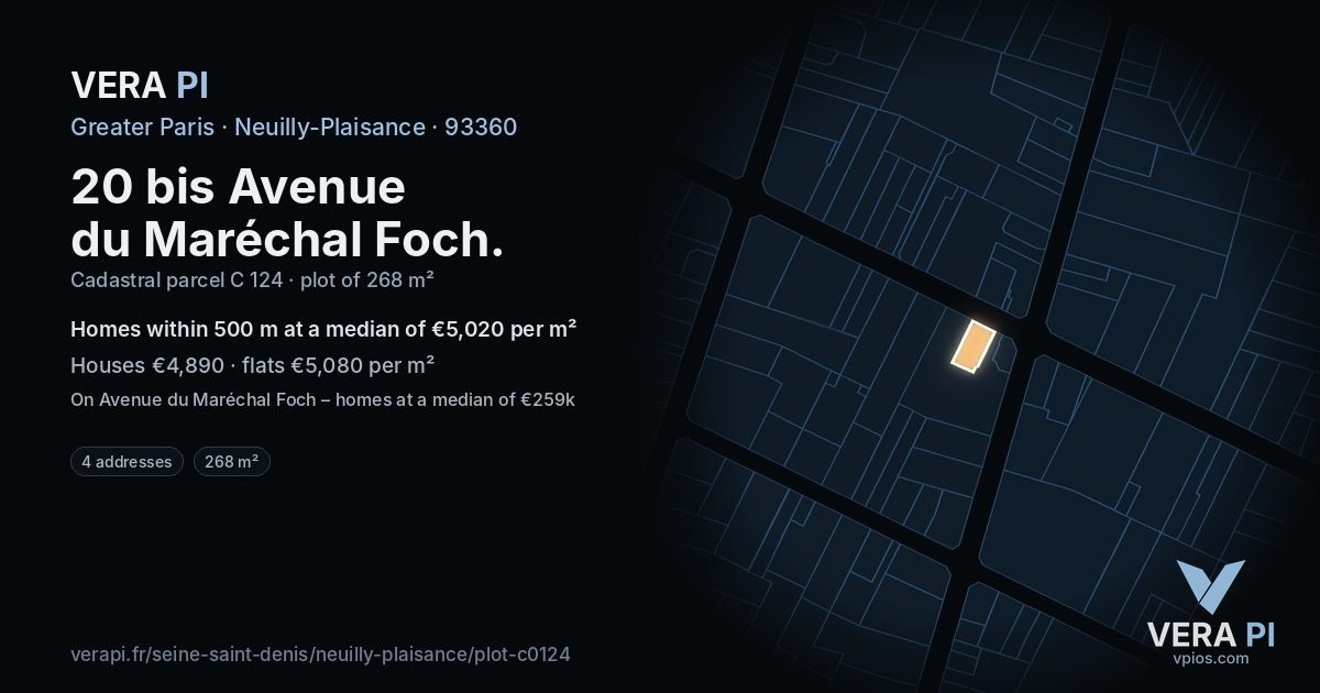 20 bis Avenue du Maréchal Foch, Neuilly-Plaisance at night – the plot lit, the parcels around coloured by the prices near them