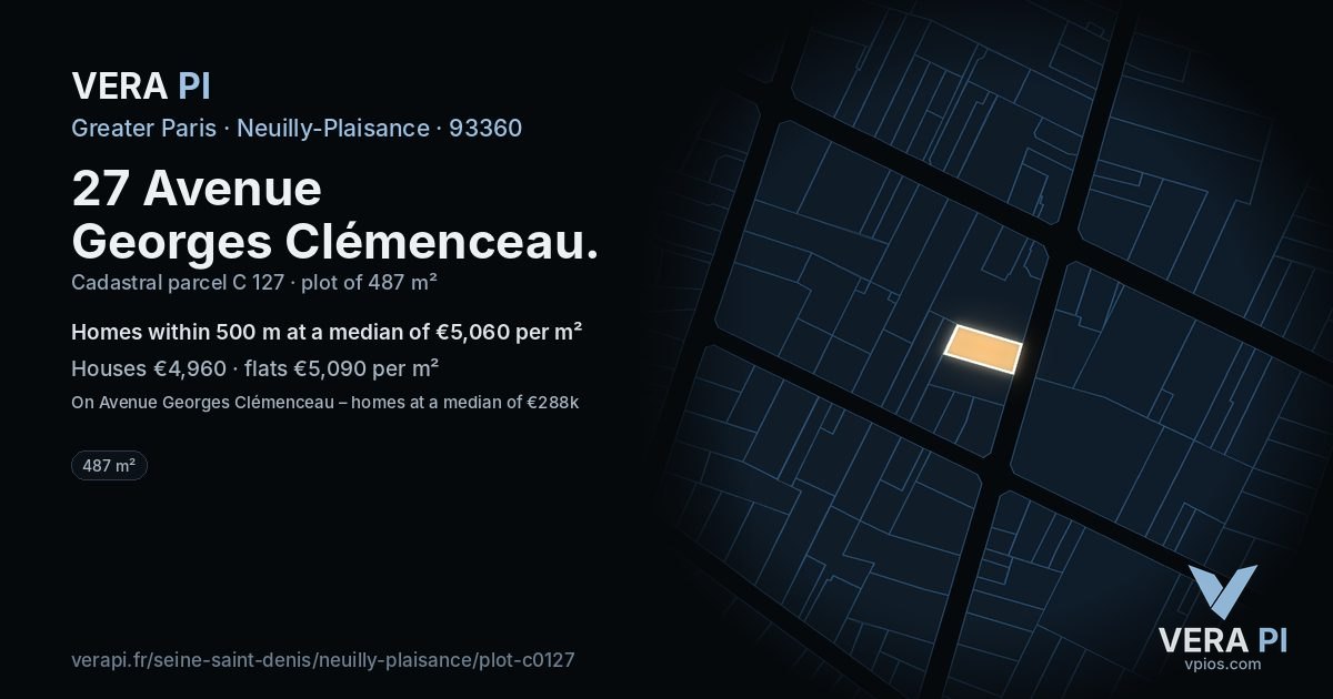 27 Avenue Georges Clémenceau, Neuilly-Plaisance at night – the plot lit, the parcels around coloured by the prices near them