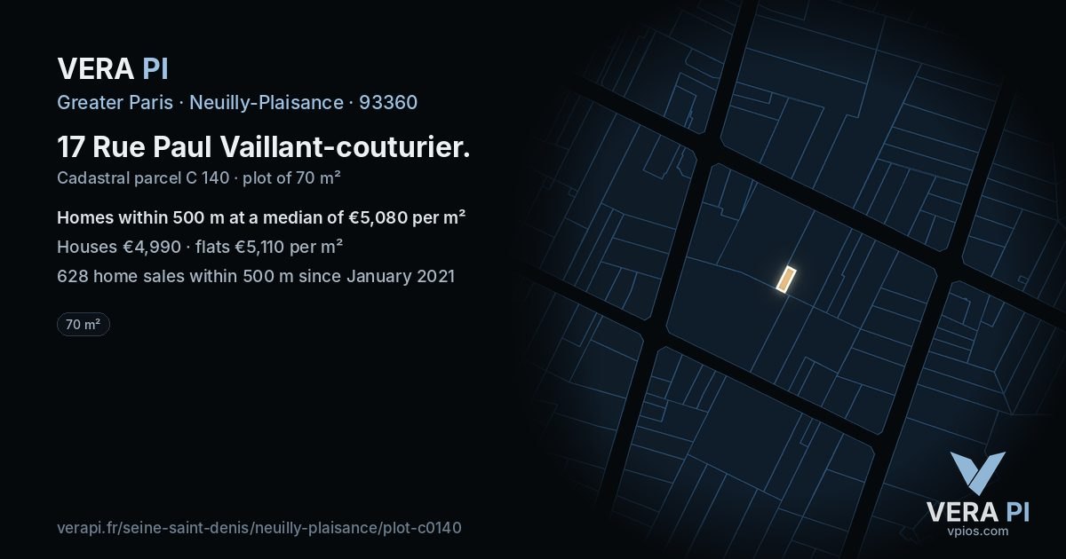 17 Rue Paul Vaillant-couturier, Neuilly-Plaisance at night – the plot lit, the parcels around coloured by the prices near them