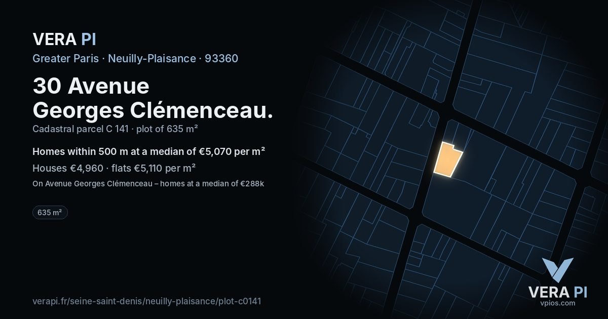 30 Avenue Georges Clémenceau, Neuilly-Plaisance at night – the plot lit, the parcels around coloured by the prices near them
