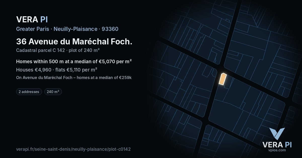 36 Avenue du Maréchal Foch, Neuilly-Plaisance at night – the plot lit, the parcels around coloured by the prices near them