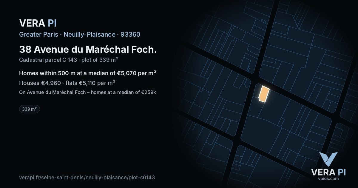 38 Avenue du Maréchal Foch, Neuilly-Plaisance at night – the plot lit, the parcels around coloured by the prices near them