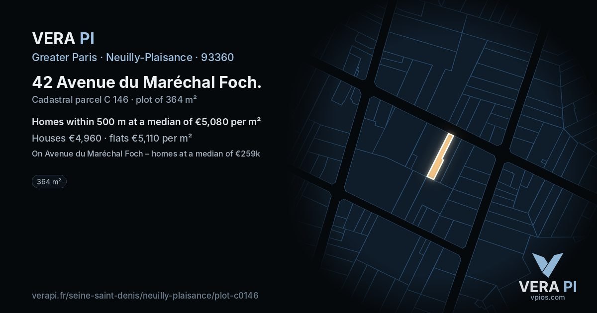 42 Avenue du Maréchal Foch, Neuilly-Plaisance at night – the plot lit, the parcels around coloured by the prices near them