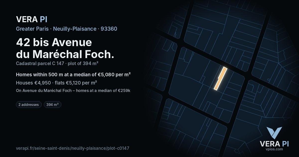 42 bis Avenue du Maréchal Foch, Neuilly-Plaisance at night – the plot lit, the parcels around coloured by the prices near them