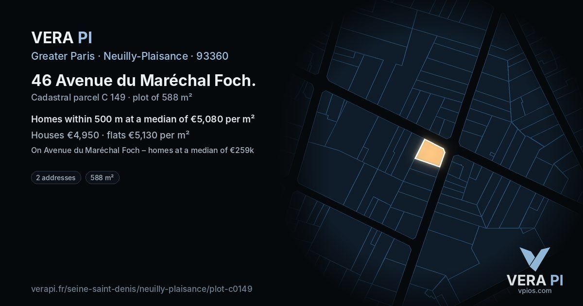 46 Avenue du Maréchal Foch, Neuilly-Plaisance at night – the plot lit, the parcels around coloured by the prices near them