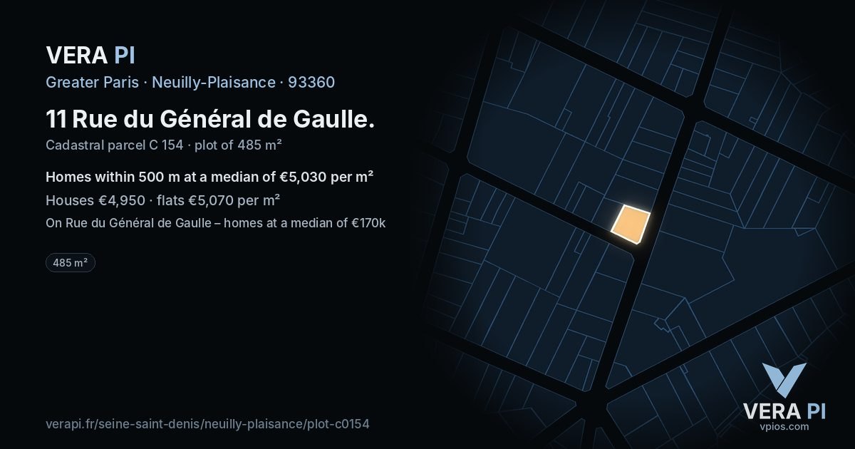 11 Rue du Général de Gaulle, Neuilly-Plaisance at night – the plot lit, the parcels around coloured by the prices near them
