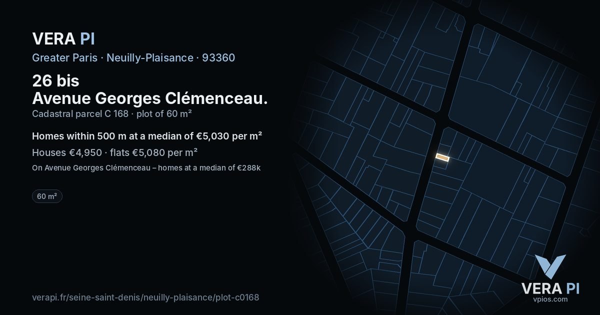 26 bis Avenue Georges Clémenceau, Neuilly-Plaisance at night – the plot lit, the parcels around coloured by the prices near them