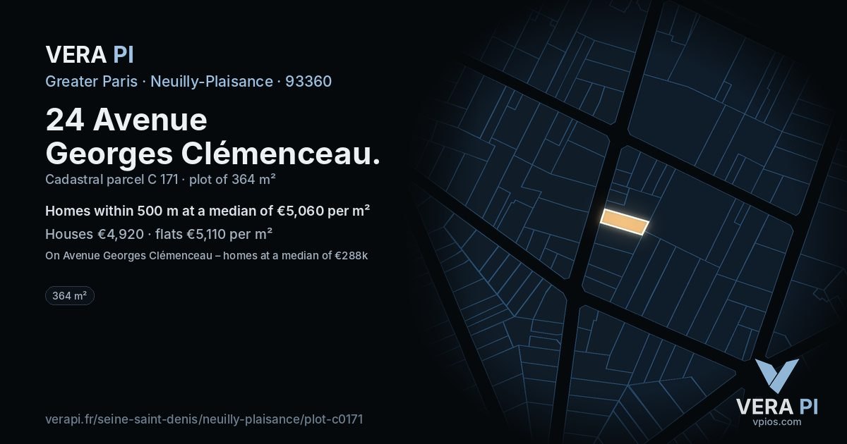 24 Avenue Georges Clémenceau, Neuilly-Plaisance at night – the plot lit, the parcels around coloured by the prices near them