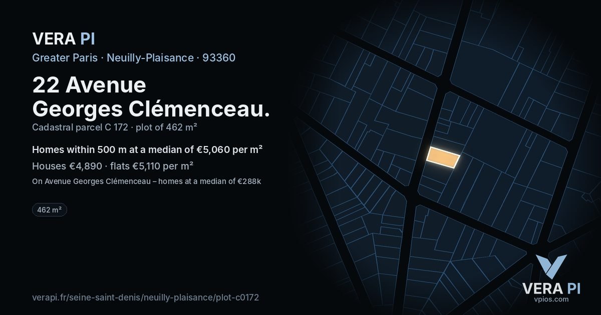 22 Avenue Georges Clémenceau, Neuilly-Plaisance at night – the plot lit, the parcels around coloured by the prices near them
