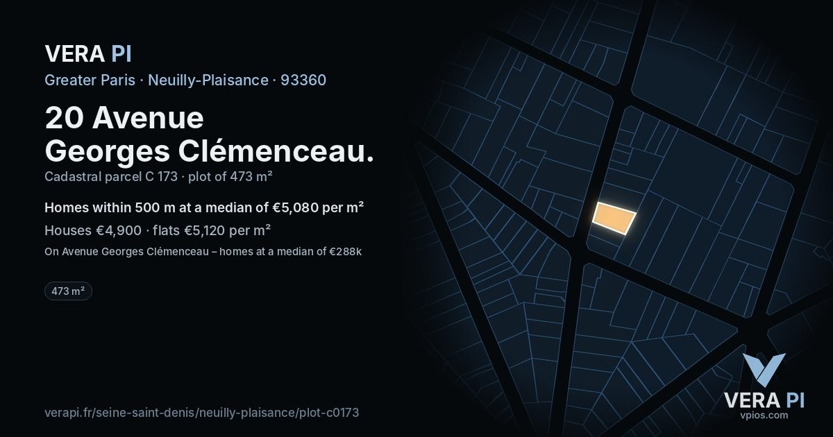20 Avenue Georges Clémenceau, Neuilly-Plaisance at night – the plot lit, the parcels around coloured by the prices near them