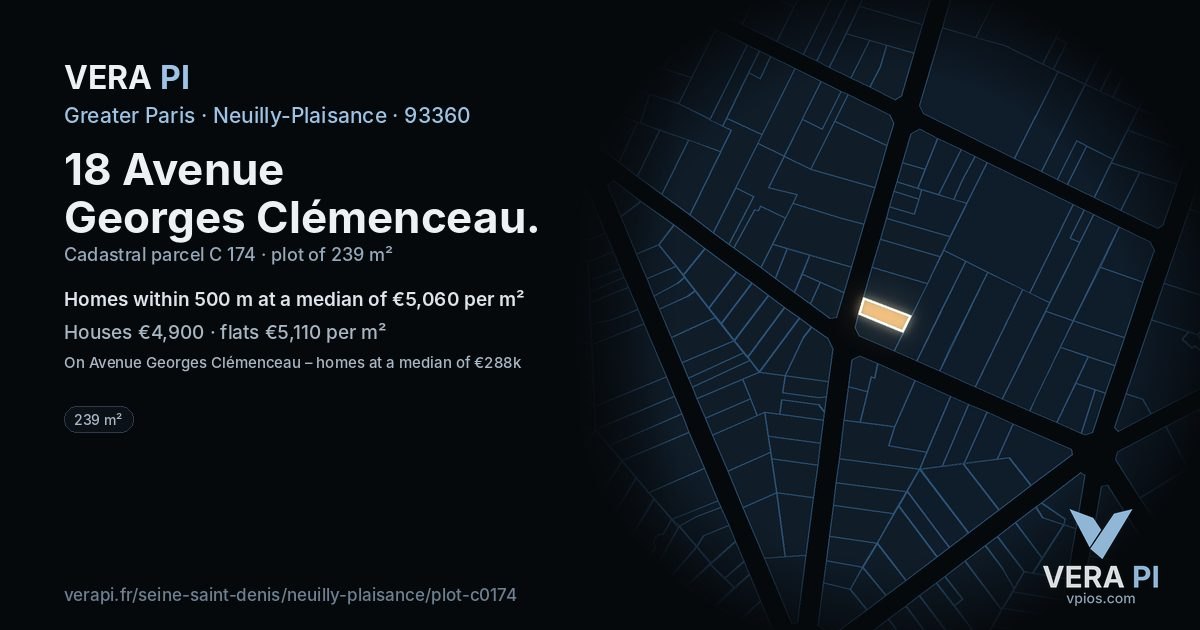18 Avenue Georges Clémenceau, Neuilly-Plaisance at night – the plot lit, the parcels around coloured by the prices near them