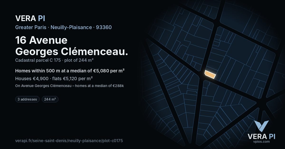 16 Avenue Georges Clémenceau, Neuilly-Plaisance at night – the plot lit, the parcels around coloured by the prices near them