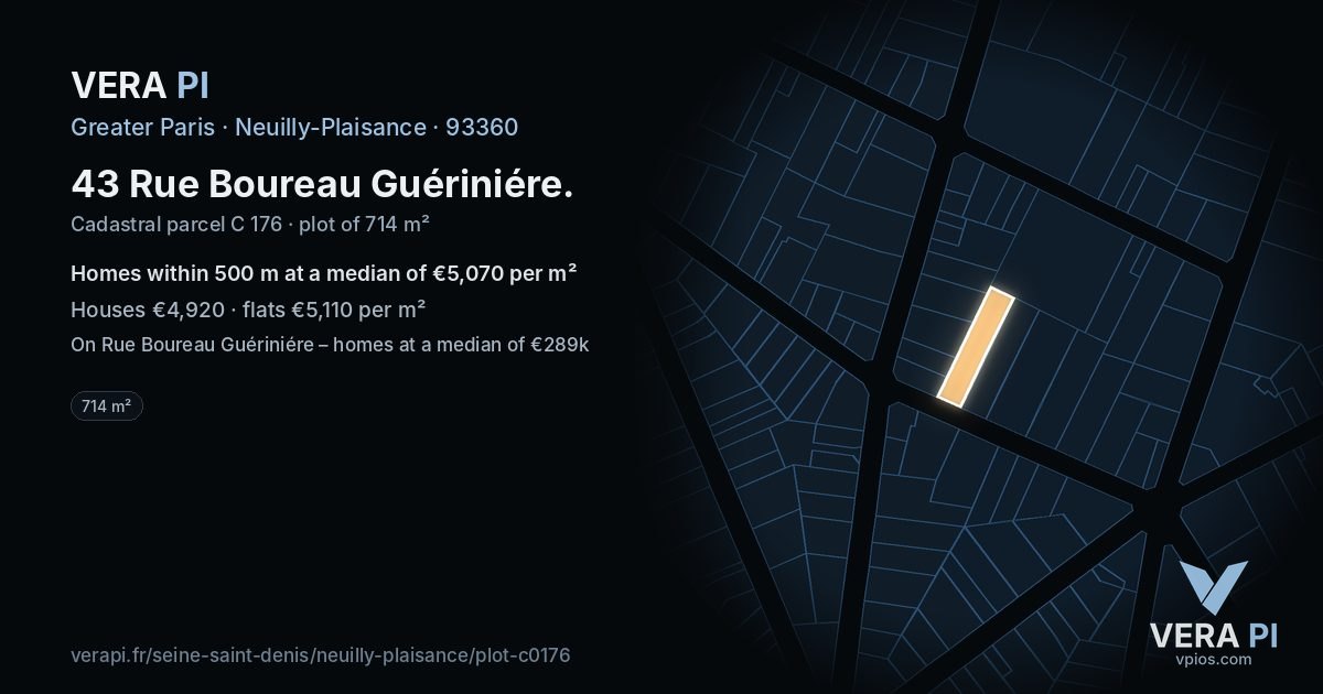 43 Rue Boureau Guériniére, Neuilly-Plaisance at night – the plot lit, the parcels around coloured by the prices near them