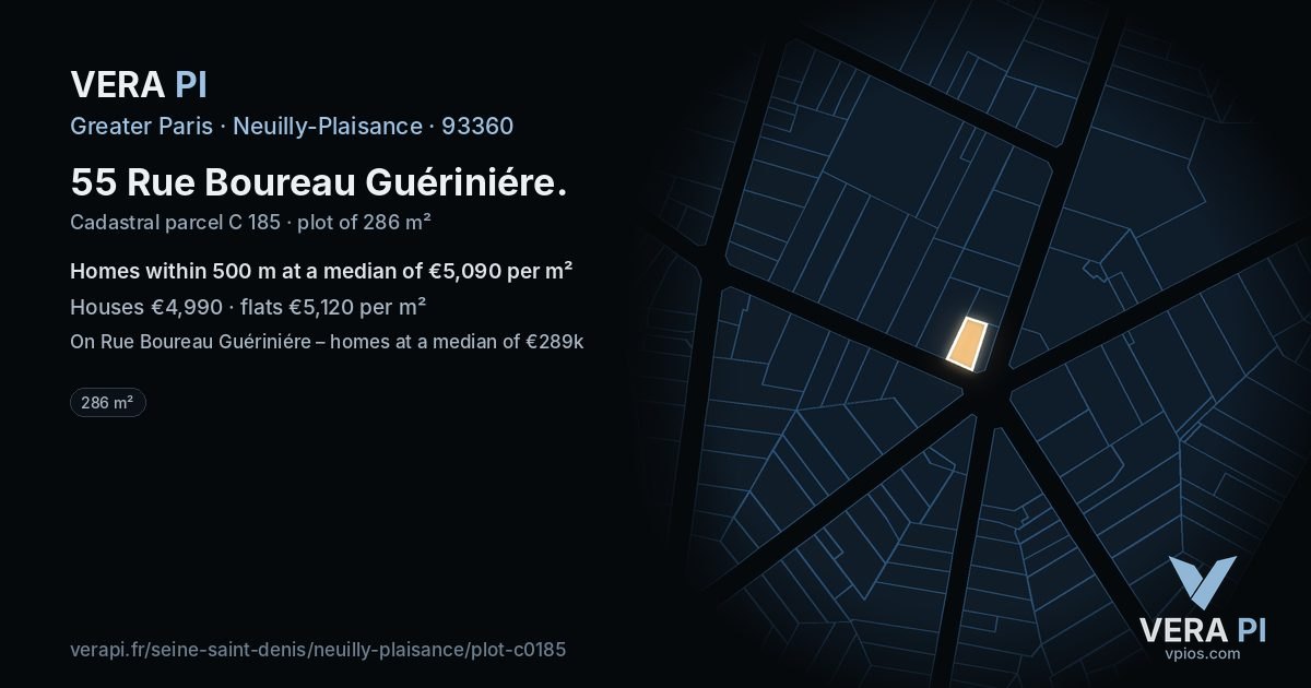 55 Rue Boureau Guériniére, Neuilly-Plaisance at night – the plot lit, the parcels around coloured by the prices near them