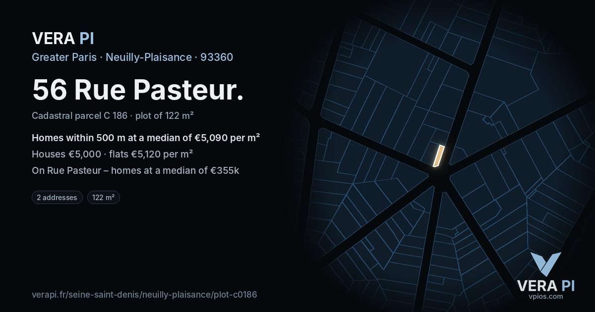 56 Rue Pasteur, Neuilly-Plaisance at night – the plot lit, the parcels around coloured by the prices near them