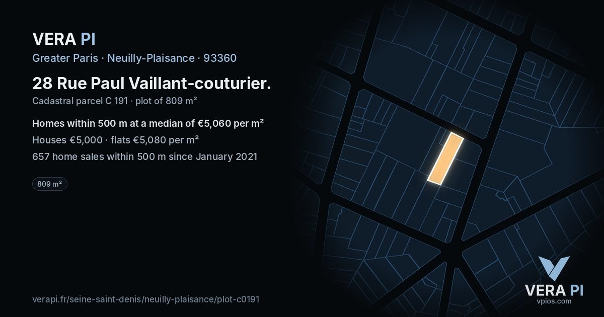 28 Rue Paul Vaillant-couturier, Neuilly-Plaisance at night – the plot lit, the parcels around coloured by the prices near them