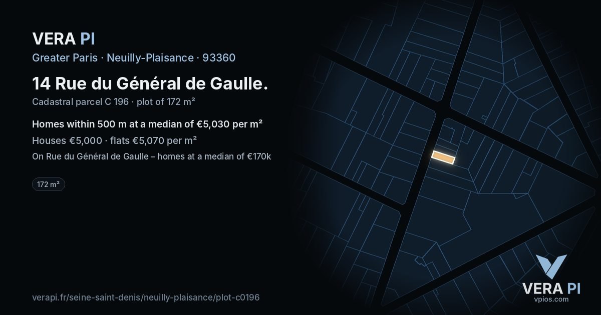 14 Rue du Général de Gaulle, Neuilly-Plaisance at night – the plot lit, the parcels around coloured by the prices near them