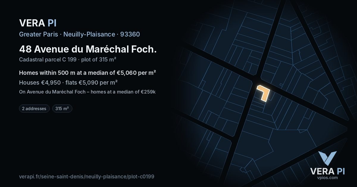 48 Avenue du Maréchal Foch, Neuilly-Plaisance at night – the plot lit, the parcels around coloured by the prices near them