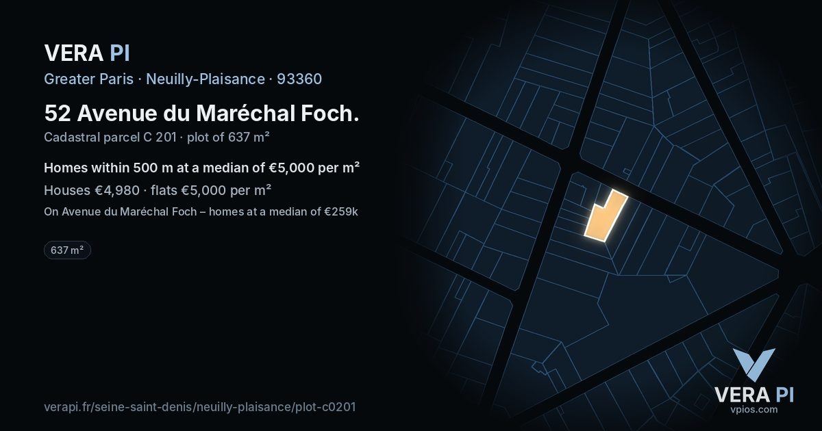 52 Avenue du Maréchal Foch, Neuilly-Plaisance at night – the plot lit, the parcels around coloured by the prices near them