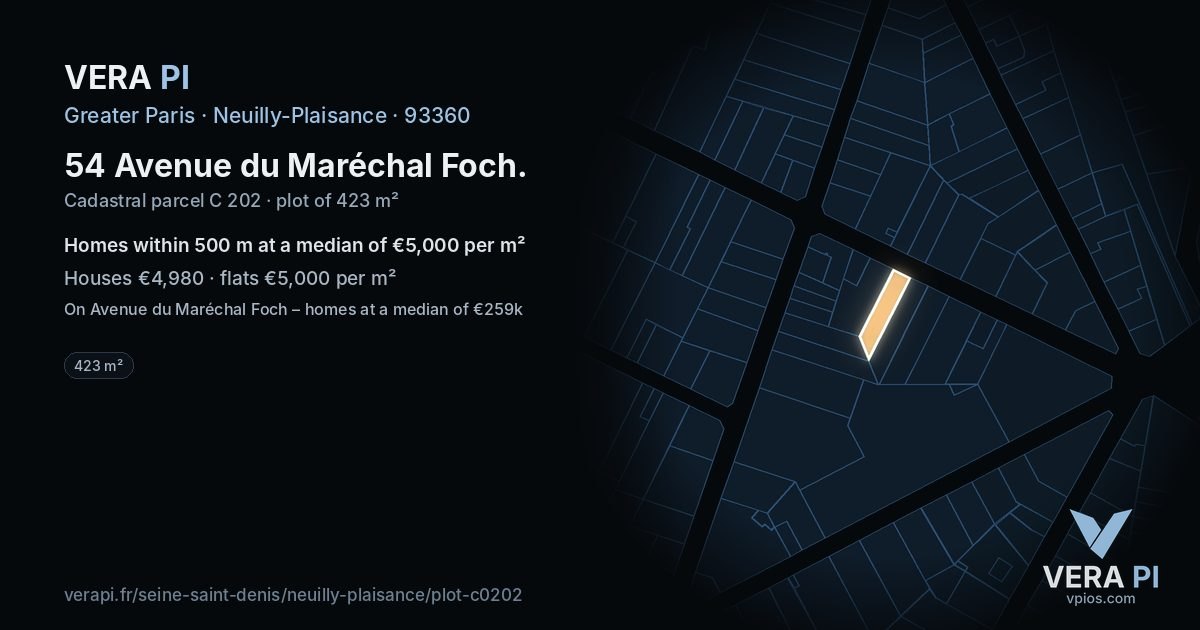54 Avenue du Maréchal Foch, Neuilly-Plaisance at night – the plot lit, the parcels around coloured by the prices near them