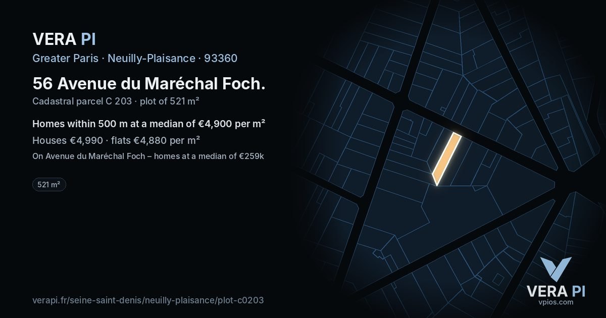 56 Avenue du Maréchal Foch, Neuilly-Plaisance at night – the plot lit, the parcels around coloured by the prices near them