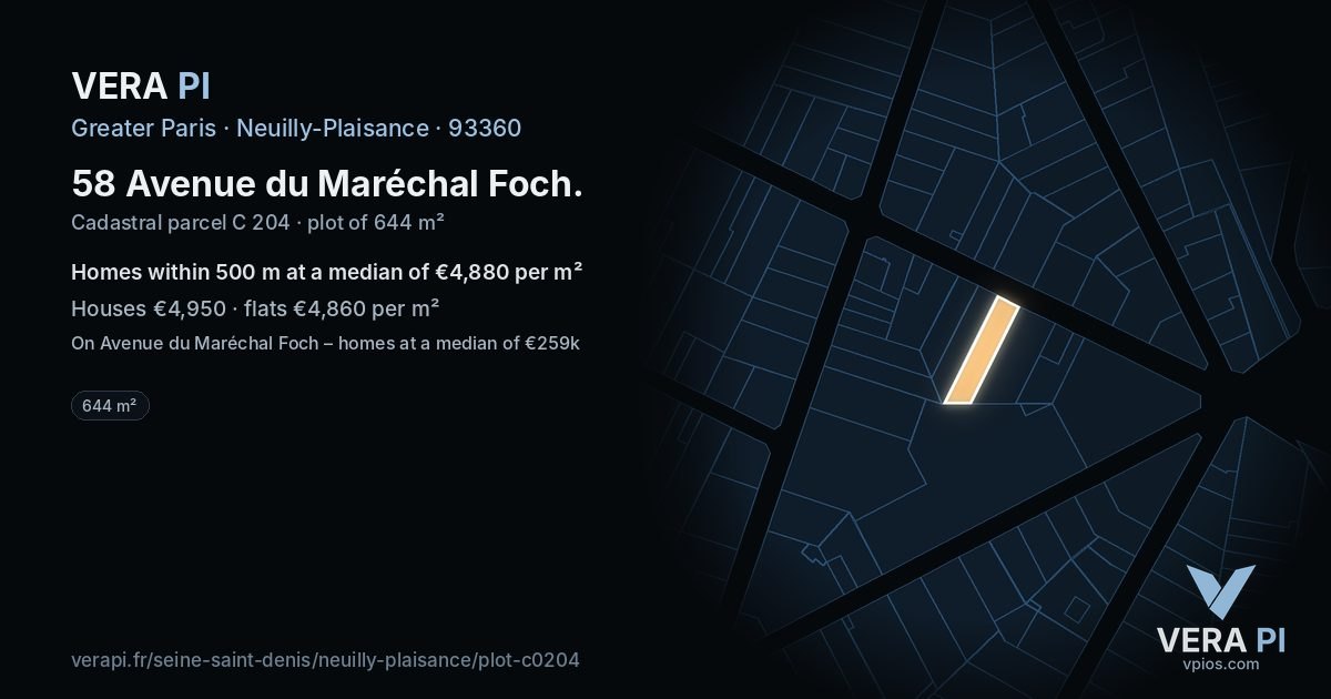 58 Avenue du Maréchal Foch, Neuilly-Plaisance at night – the plot lit, the parcels around coloured by the prices near them