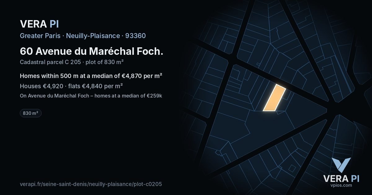 60 Avenue du Maréchal Foch, Neuilly-Plaisance at night – the plot lit, the parcels around coloured by the prices near them