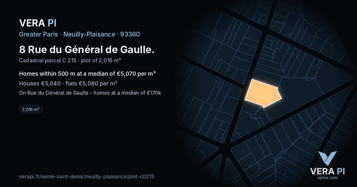 8 Rue du Général de Gaulle, Neuilly-Plaisance at night – the plot lit, the parcels around coloured by the prices near them