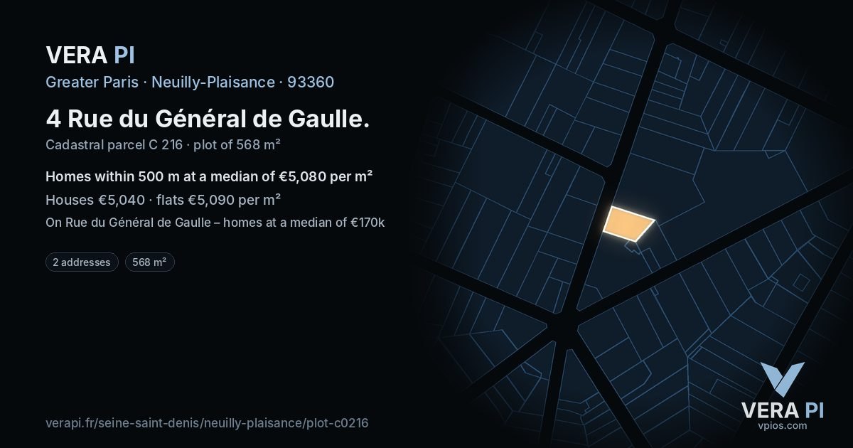 4 Rue du Général de Gaulle, Neuilly-Plaisance at night – the plot lit, the parcels around coloured by the prices near them