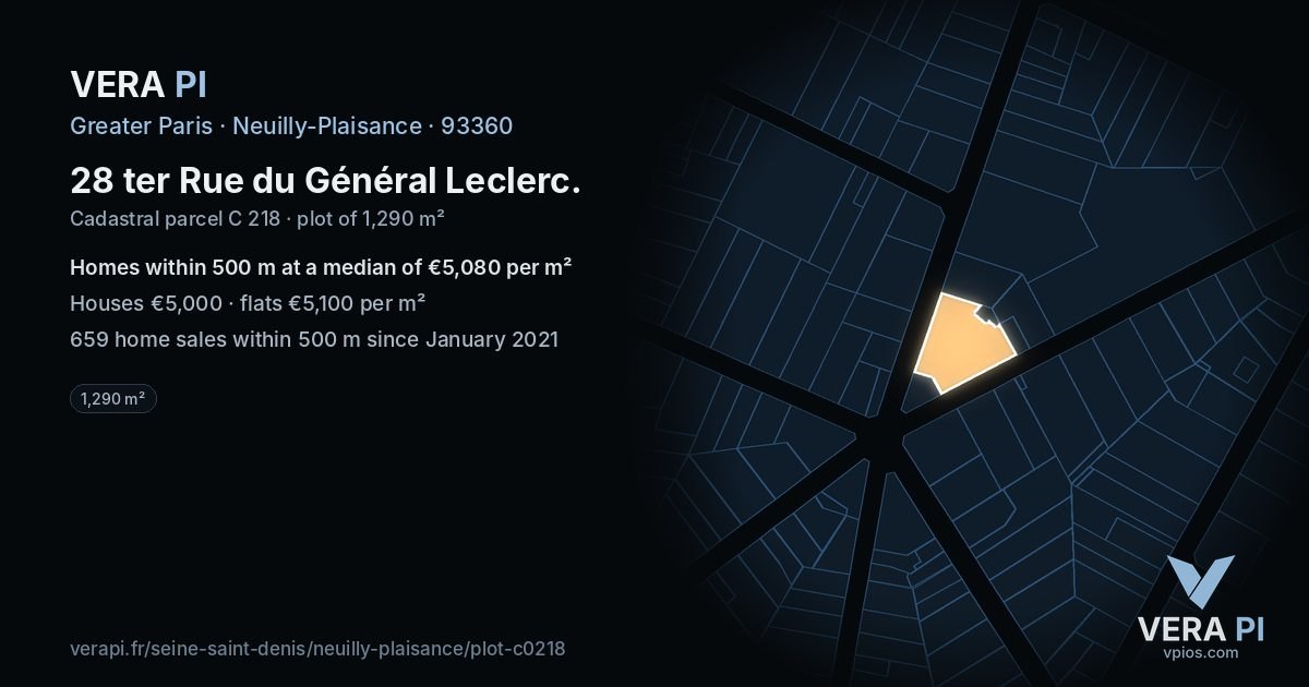 28 ter Rue du Général Leclerc, Neuilly-Plaisance at night – the plot lit, the parcels around coloured by the prices near them