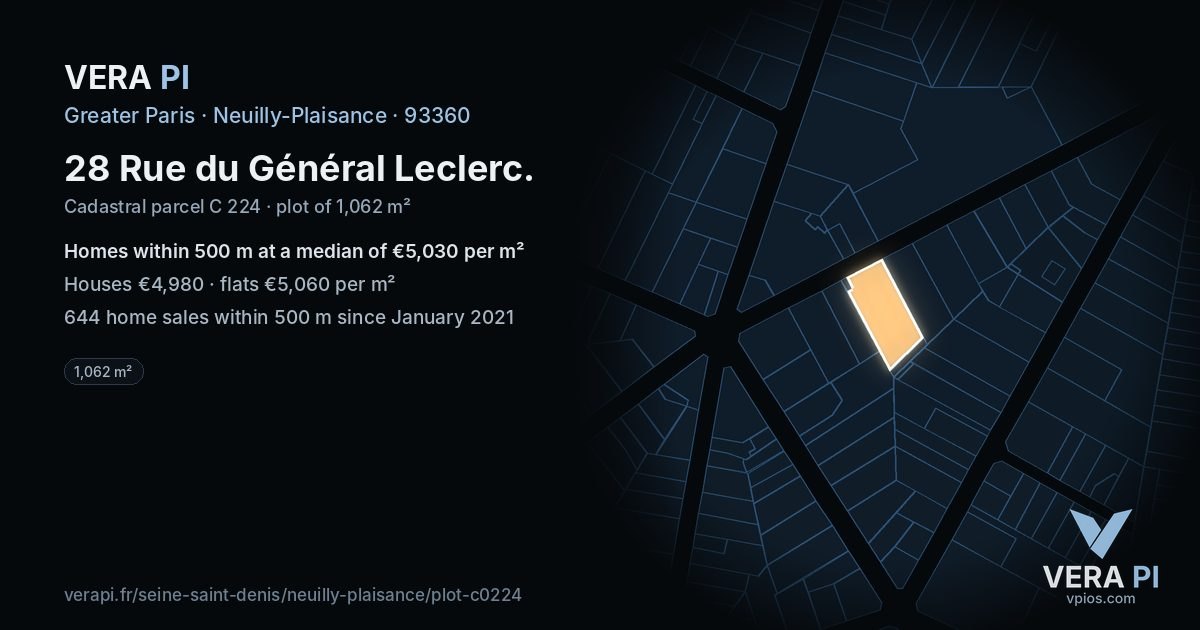 28 Rue du Général Leclerc, Neuilly-Plaisance at night – the plot lit, the parcels around coloured by the prices near them