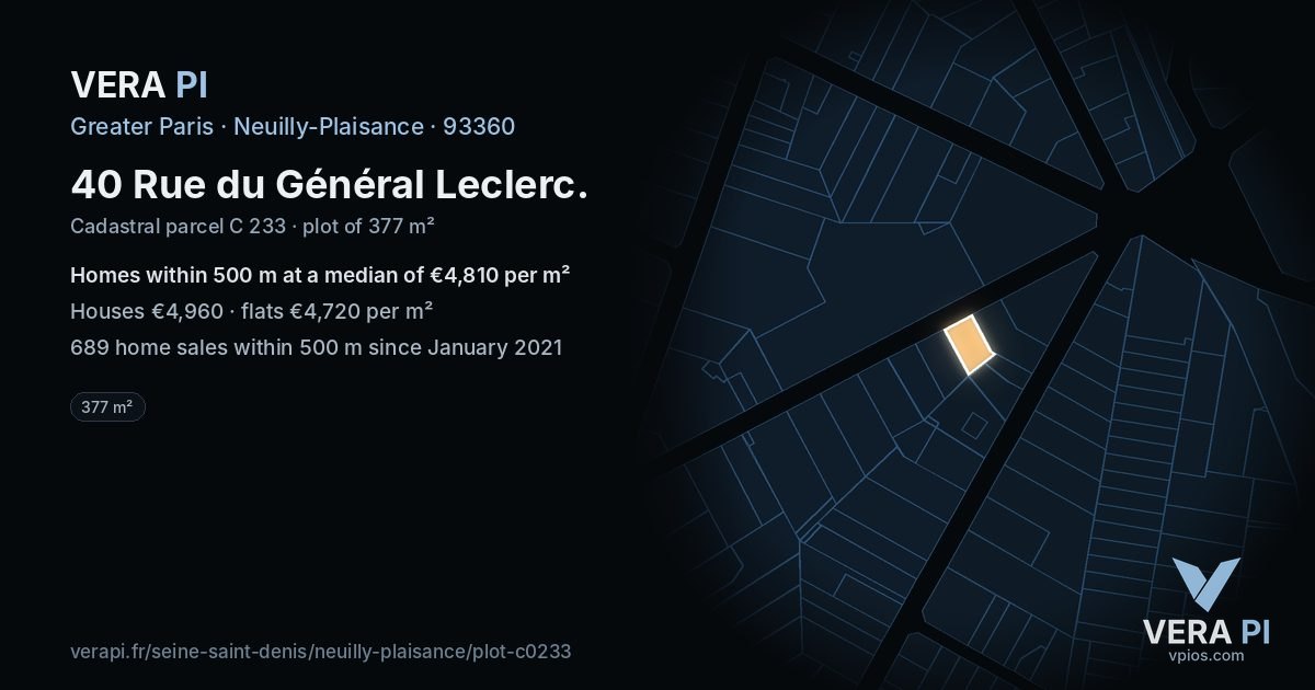 40 Rue du Général Leclerc, Neuilly-Plaisance at night – the plot lit, the parcels around coloured by the prices near them